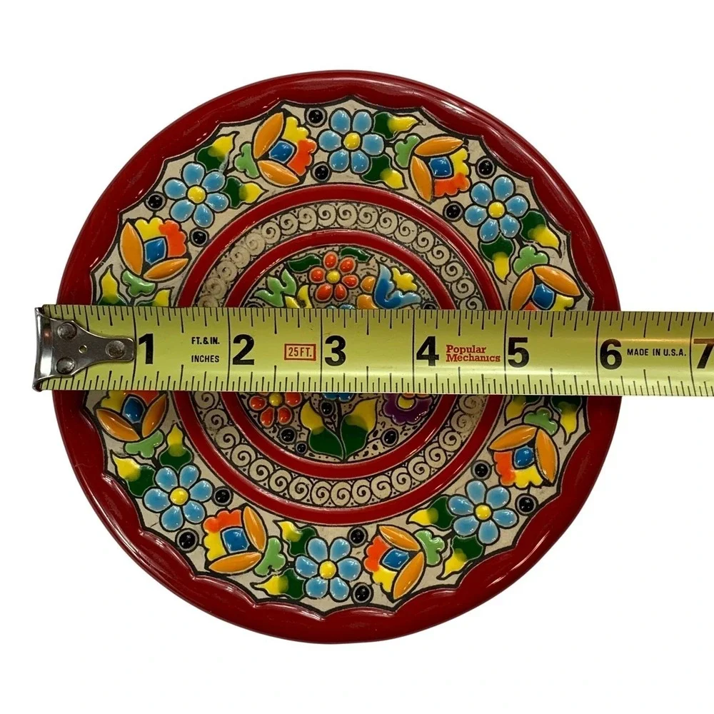 Vintage Cearco Spanish Ceramic Plate Cuerda Seca Hand Painted Floral Red